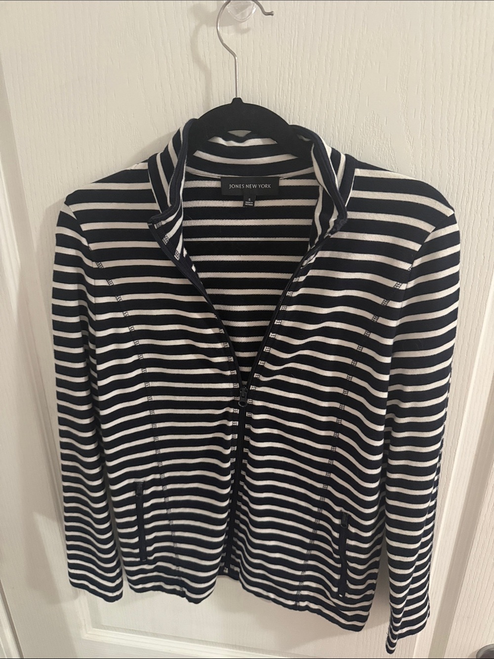 Jones New York Black and White Striped Zip-Front Jacket